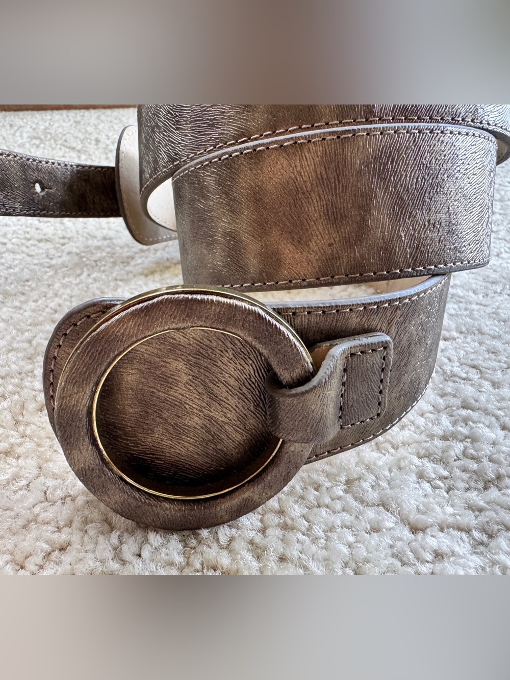 Chico’s Wide Metallic Bronze Statement Belt with Oversized Round Buckle